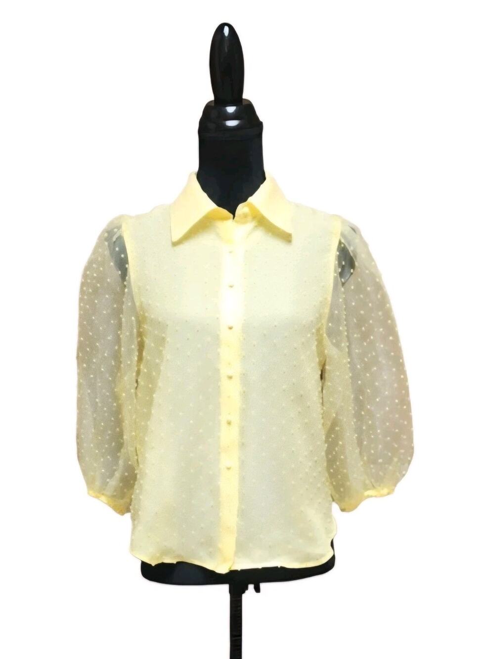 Marc New York Women's XS Sheer Button-Up Blouse Featuring Polka Dot Puff Sleeves